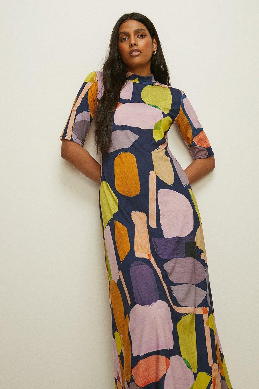 Abstract Print Jersey Funnel Neck Midi ...